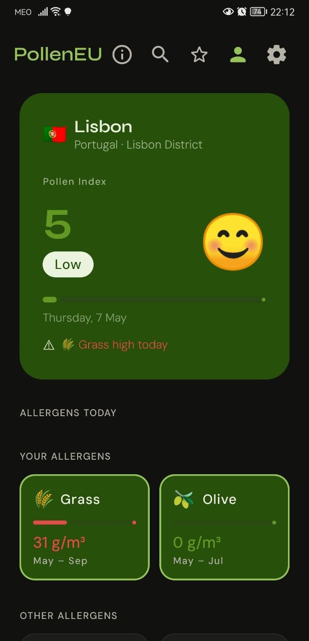 Captura de ecrã principal da app PollenEU