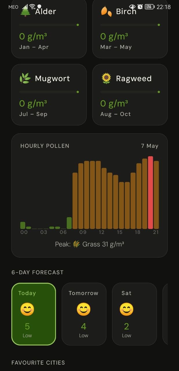 Captura de ecrã da consulta de pólen na app PollenEU